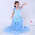 Long Layered Ruffle Blue Jersey Dress for Girls